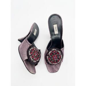Prada Fall 2004 Pink Black Animal Print Crystal Brooch Mule Heeled Sandals IT 36